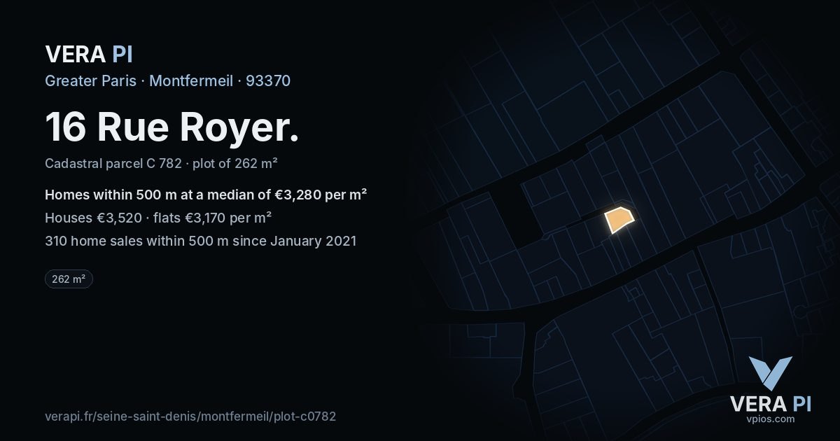 16 Rue Royer, Montfermeil at night – the plot lit, the parcels around coloured by the prices near them