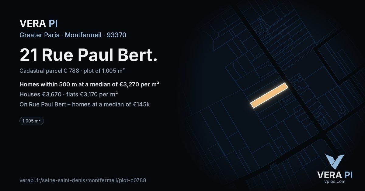 21 Rue Paul Bert, Montfermeil at night – the plot lit, the parcels around coloured by the prices near them