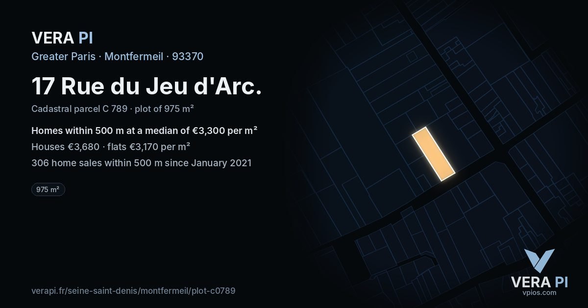 17 Rue du Jeu d'Arc, Montfermeil at night – the plot lit, the parcels around coloured by the prices near them