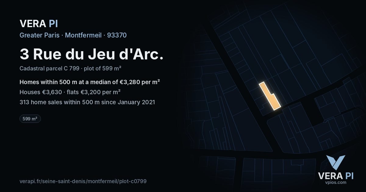 3 Rue du Jeu d'Arc, Montfermeil at night – the plot lit, the parcels around coloured by the prices near them