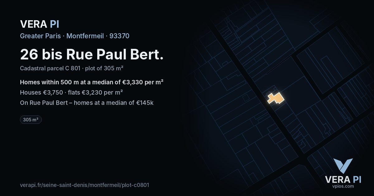 26 bis Rue Paul Bert, Montfermeil at night – the plot lit, the parcels around coloured by the prices near them