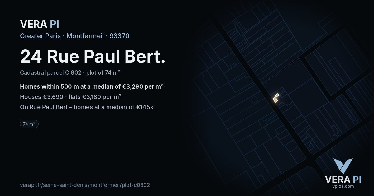 24 Rue Paul Bert, Montfermeil at night – the plot lit, the parcels around coloured by the prices near them