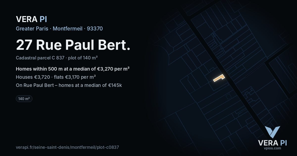 27 Rue Paul Bert, Montfermeil at night – the plot lit, the parcels around coloured by the prices near them
