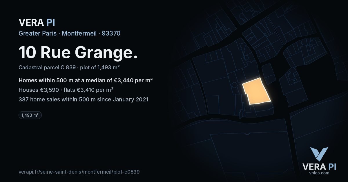 10 Rue Grange, Montfermeil at night – the plot lit, the parcels around coloured by the prices near them