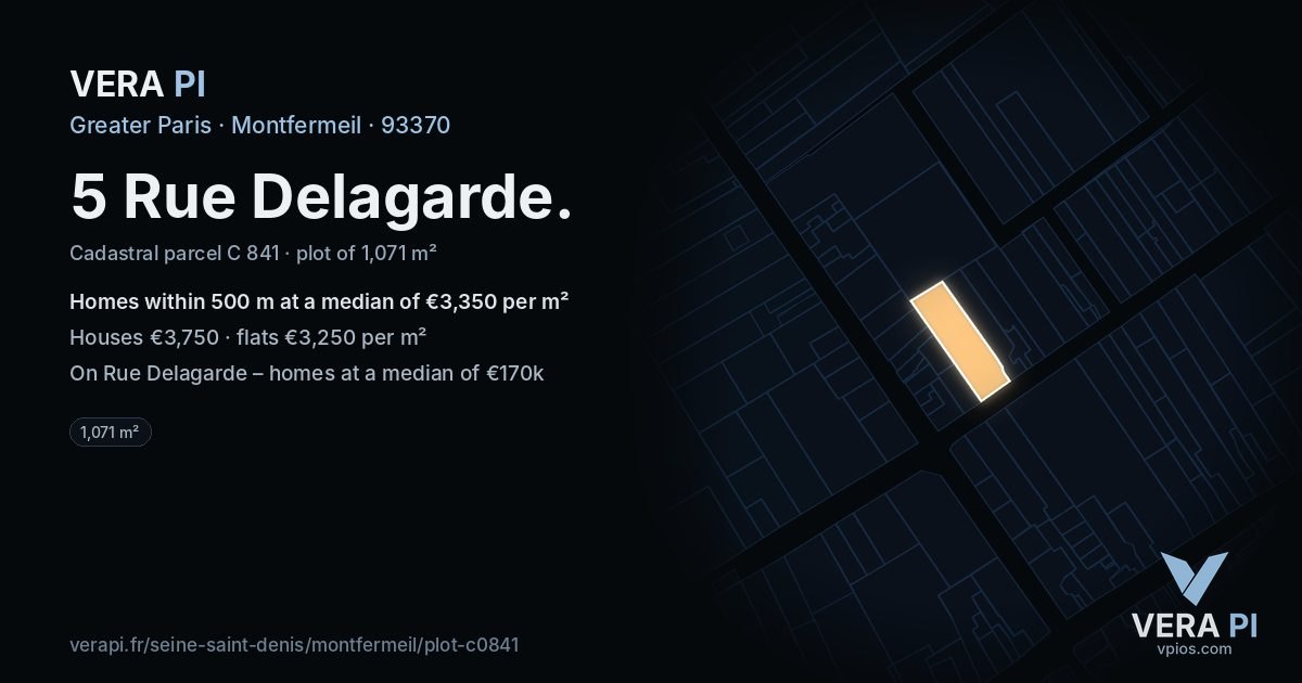 5 Rue Delagarde, Montfermeil at night – the plot lit, the parcels around coloured by the prices near them