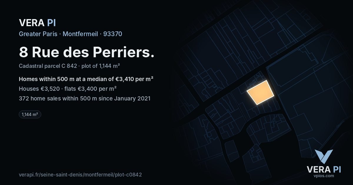 8 Rue des Perriers, Montfermeil at night – the plot lit, the parcels around coloured by the prices near them