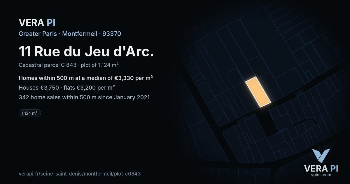 11 Rue du Jeu d'Arc, Montfermeil at night – the plot lit, the parcels around coloured by the prices near them