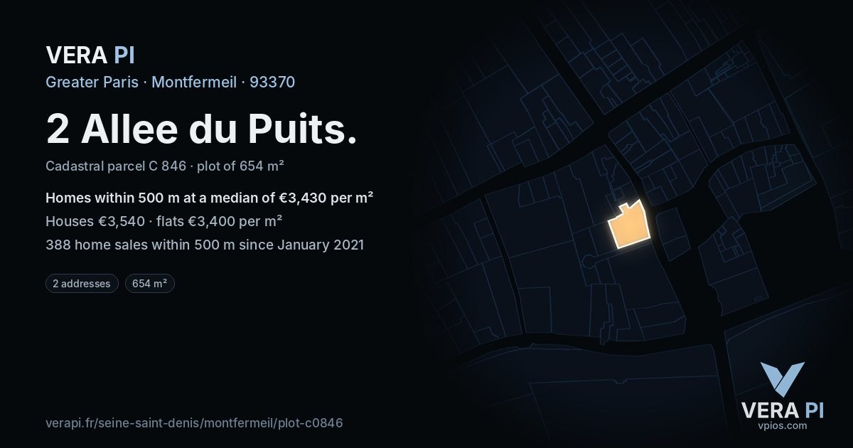 2 Allee du Puits, Montfermeil at night – the plot lit, the parcels around coloured by the prices near them