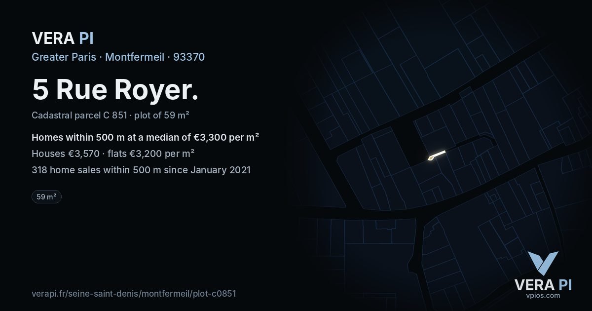 5 Rue Royer, Montfermeil at night – the plot lit, the parcels around coloured by the prices near them