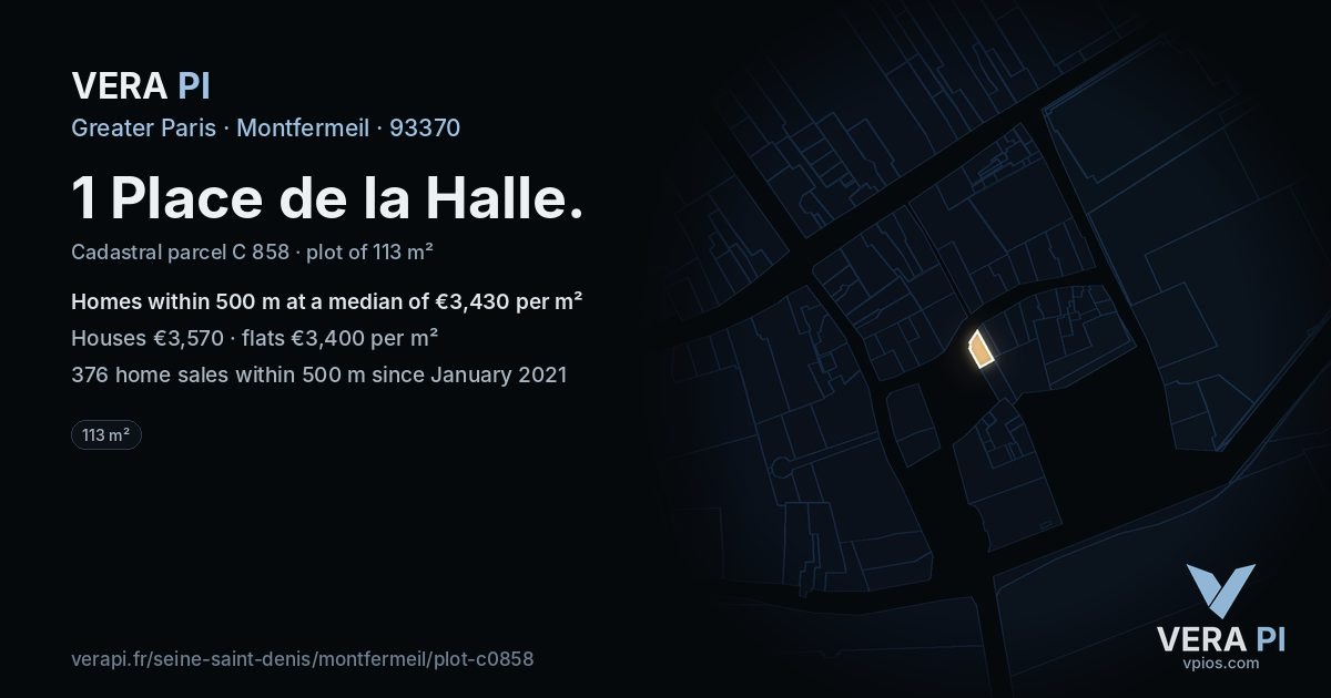 1 Place de la Halle, Montfermeil at night – the plot lit, the parcels around coloured by the prices near them