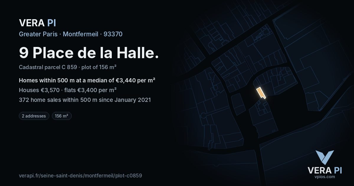 9 Place de la Halle, Montfermeil at night – the plot lit, the parcels around coloured by the prices near them