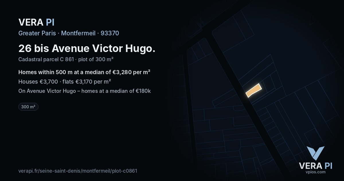 26 bis Avenue Victor Hugo, Montfermeil at night – the plot lit, the parcels around coloured by the prices near them