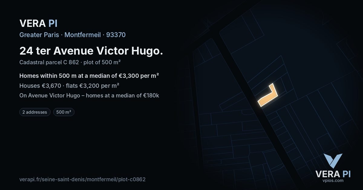 24 ter Avenue Victor Hugo, Montfermeil at night – the plot lit, the parcels around coloured by the prices near them