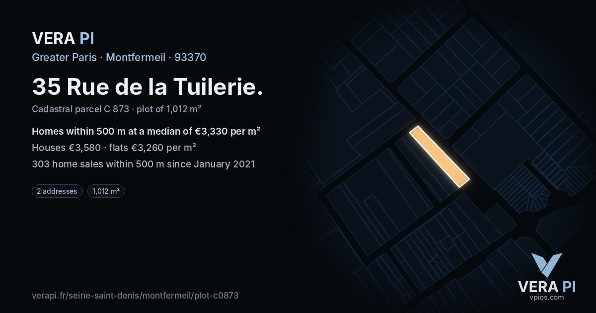 35 Rue de la Tuilerie, Montfermeil at night – the plot lit, the parcels around coloured by the prices near them