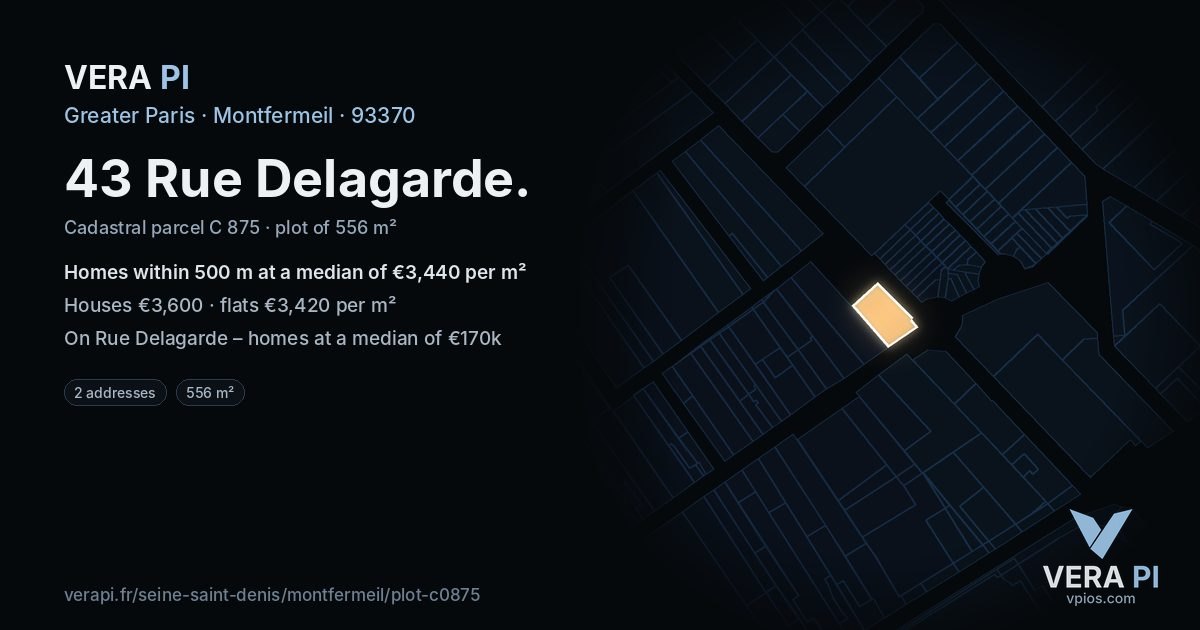 43 Rue Delagarde, Montfermeil at night – the plot lit, the parcels around coloured by the prices near them