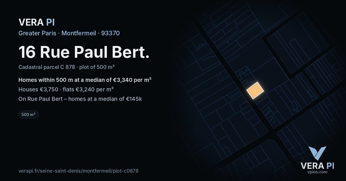16 Rue Paul Bert, Montfermeil at night – the plot lit, the parcels around coloured by the prices near them