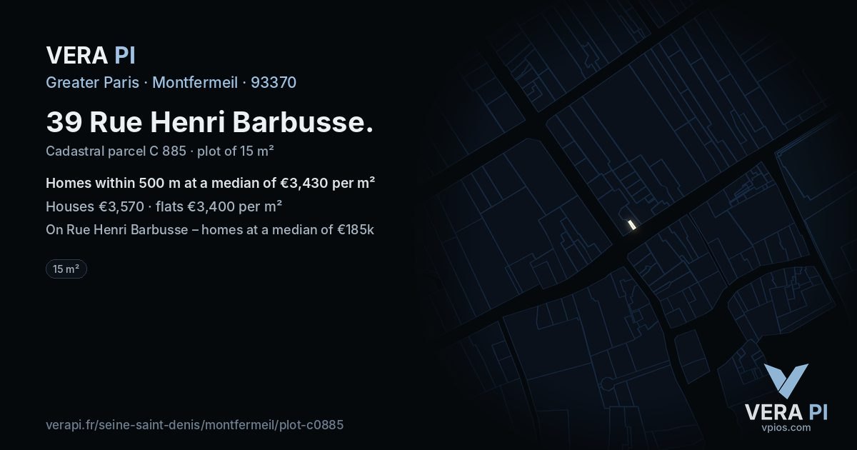 39 Rue Henri Barbusse, Montfermeil at night – the plot lit, the parcels around coloured by the prices near them