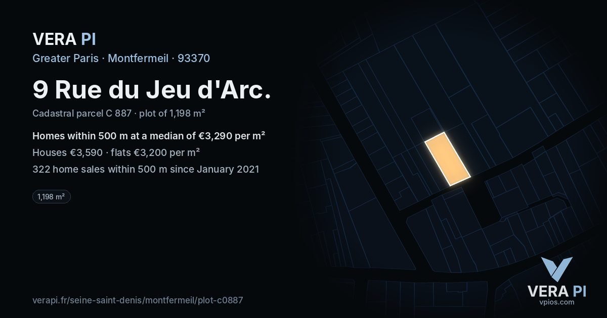9 Rue du Jeu d'Arc, Montfermeil at night – the plot lit, the parcels around coloured by the prices near them