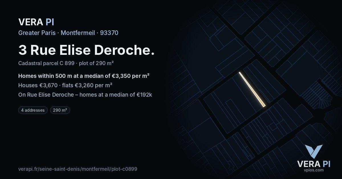 3 Rue Elise Deroche, Montfermeil at night – the plot lit, the parcels around coloured by the prices near them