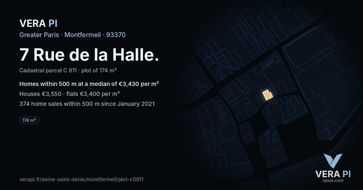 7 Rue de la Halle, Montfermeil at night – the plot lit, the parcels around coloured by the prices near them