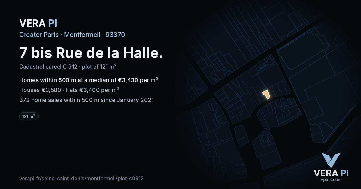 7 bis Rue de la Halle, Montfermeil at night – the plot lit, the parcels around coloured by the prices near them