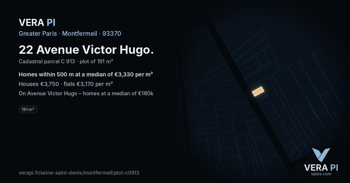 22 Avenue Victor Hugo, Montfermeil at night – the plot lit, the parcels around coloured by the prices near them
