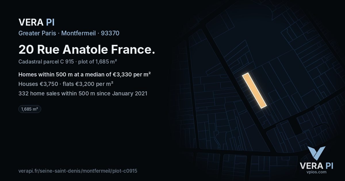 20 Rue Anatole France, Montfermeil at night – the plot lit, the parcels around coloured by the prices near them