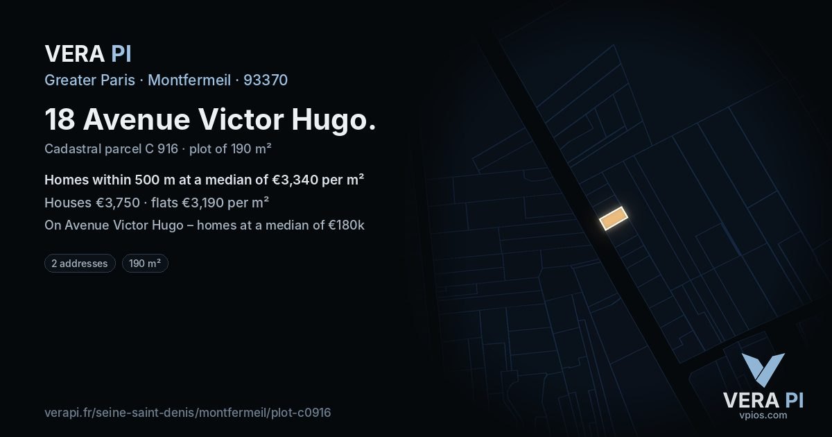 18 Avenue Victor Hugo, Montfermeil at night – the plot lit, the parcels around coloured by the prices near them