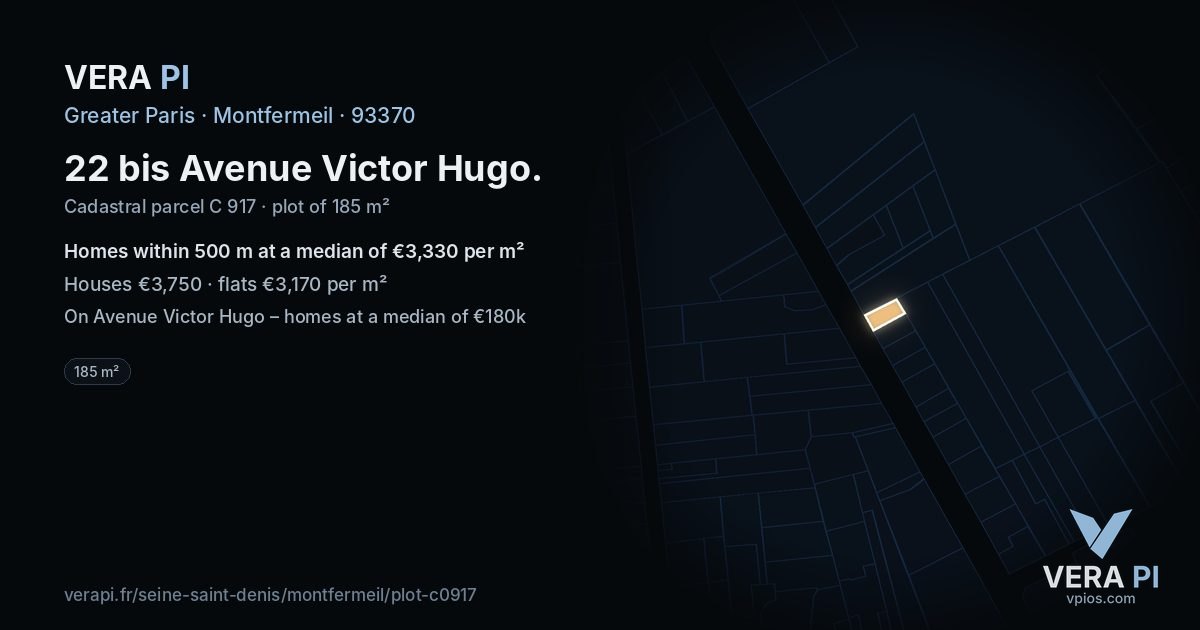 22 bis Avenue Victor Hugo, Montfermeil at night – the plot lit, the parcels around coloured by the prices near them