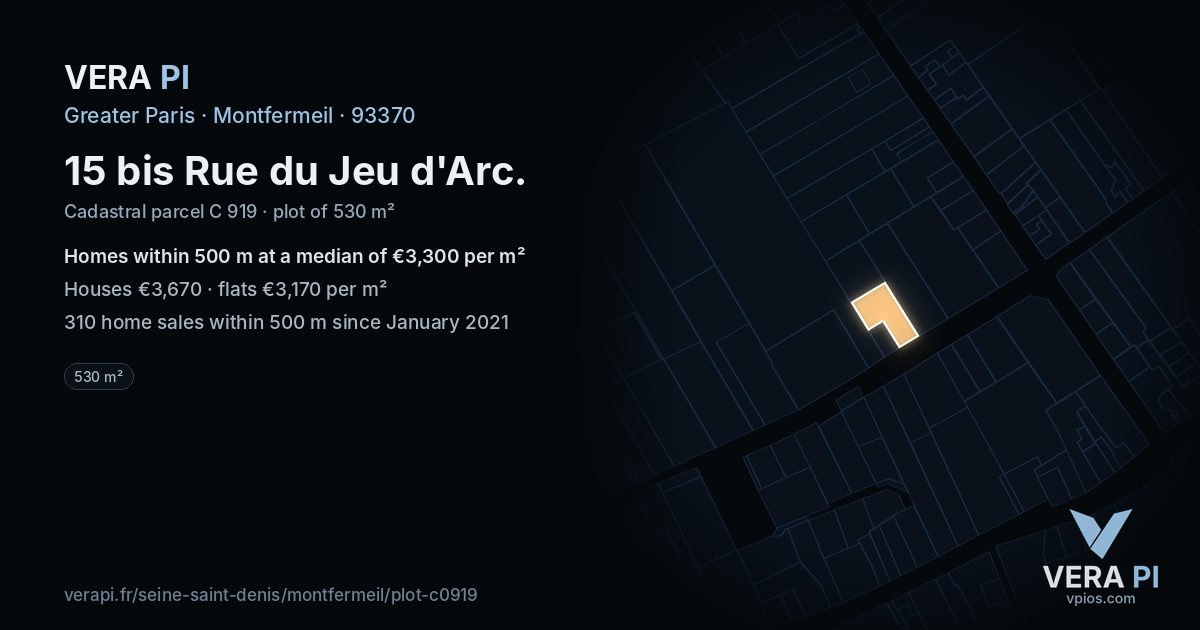 15 bis Rue du Jeu d'Arc, Montfermeil at night – the plot lit, the parcels around coloured by the prices near them