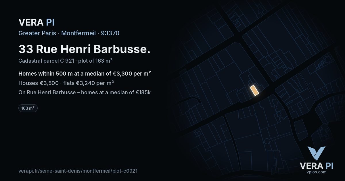 33 Rue Henri Barbusse, Montfermeil at night – the plot lit, the parcels around coloured by the prices near them