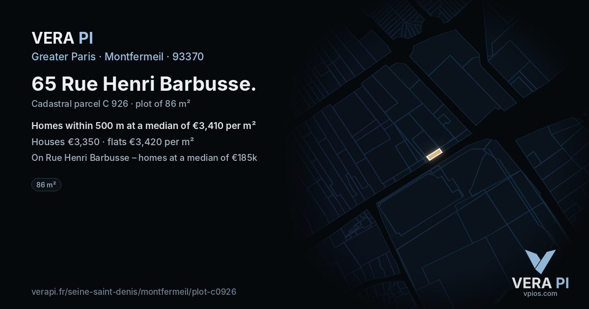 65 Rue Henri Barbusse, Montfermeil at night – the plot lit, the parcels around coloured by the prices near them