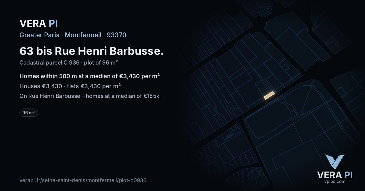63 bis Rue Henri Barbusse, Montfermeil at night – the plot lit, the parcels around coloured by the prices near them