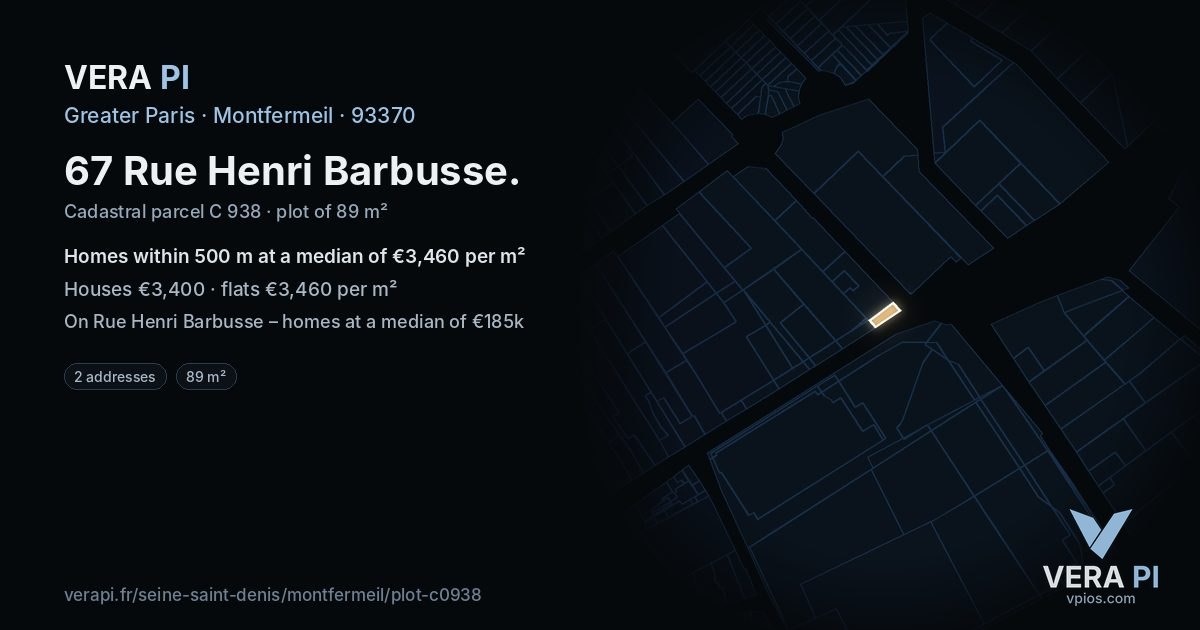 67 Rue Henri Barbusse, Montfermeil at night – the plot lit, the parcels around coloured by the prices near them