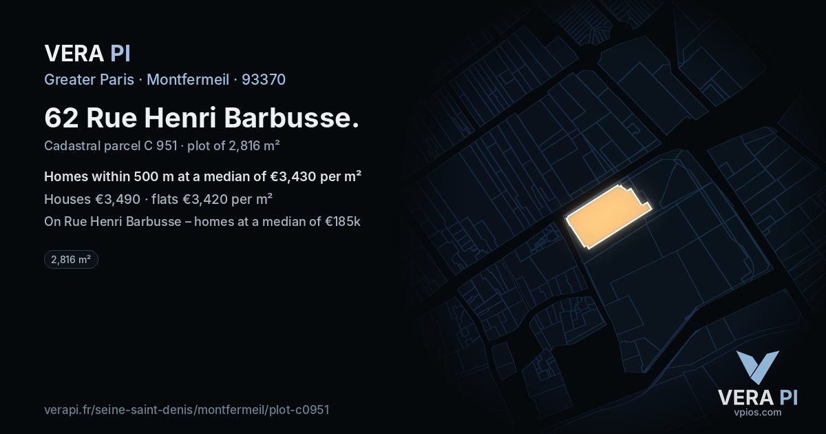 62 Rue Henri Barbusse, Montfermeil at night – the plot lit, the parcels around coloured by the prices near them