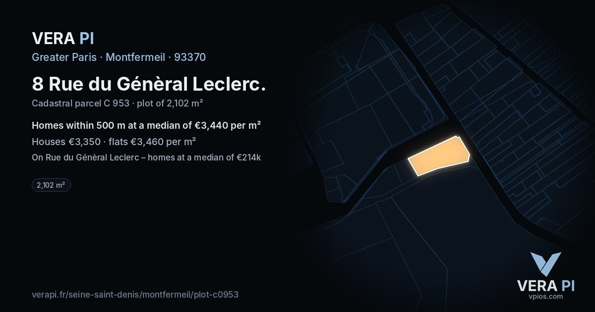 8 Rue du Génèral Leclerc, Montfermeil at night – the plot lit, the parcels around coloured by the prices near them