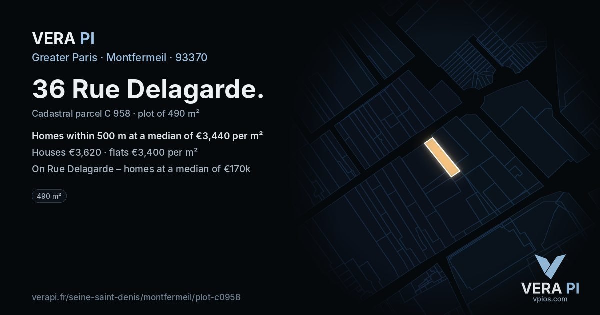 36 Rue Delagarde, Montfermeil at night – the plot lit, the parcels around coloured by the prices near them