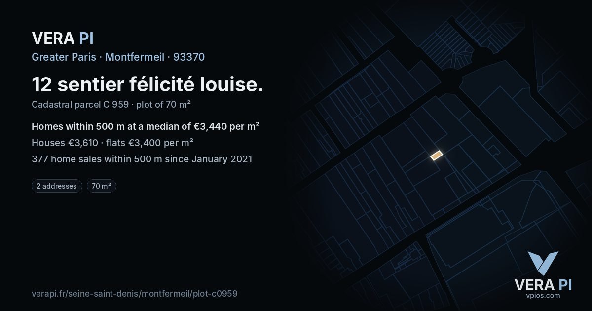 12 sentier félicité louise, Montfermeil at night – the plot lit, the parcels around coloured by the prices near them