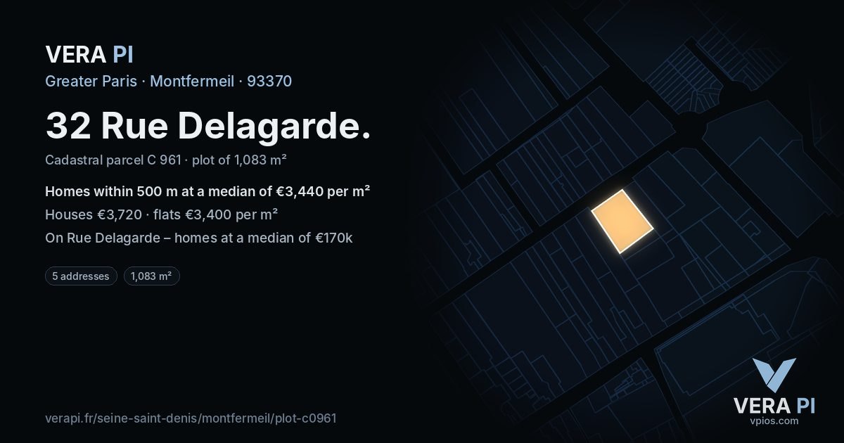 32 Rue Delagarde, Montfermeil at night – the plot lit, the parcels around coloured by the prices near them