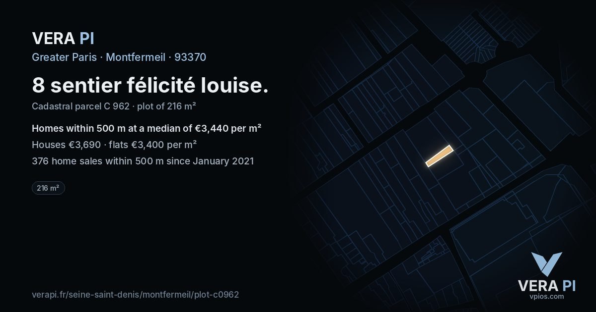 8 sentier félicité louise, Montfermeil at night – the plot lit, the parcels around coloured by the prices near them