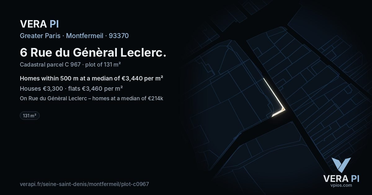 6 Rue du Génèral Leclerc, Montfermeil at night – the plot lit, the parcels around coloured by the prices near them