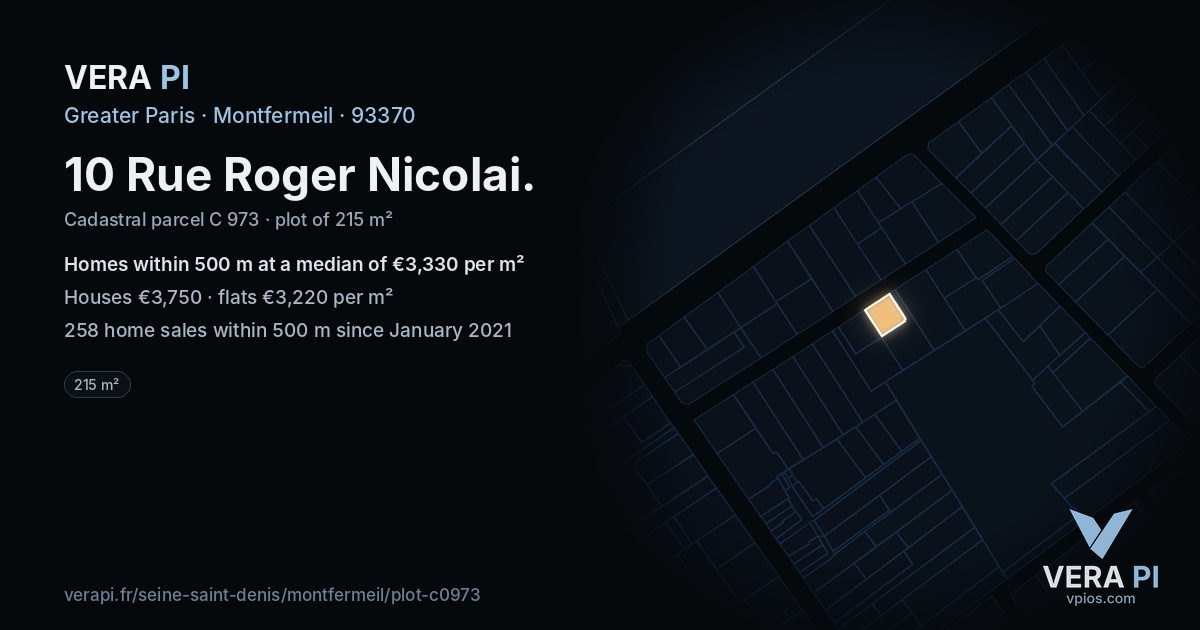 10 Rue Roger Nicolai, Montfermeil at night – the plot lit, the parcels around coloured by the prices near them