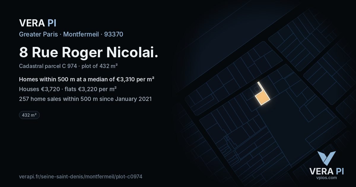 8 Rue Roger Nicolai, Montfermeil at night – the plot lit, the parcels around coloured by the prices near them