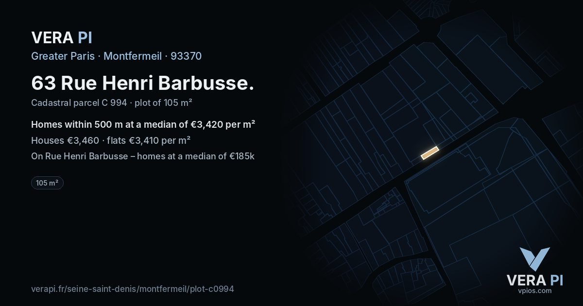 63 Rue Henri Barbusse, Montfermeil at night – the plot lit, the parcels around coloured by the prices near them