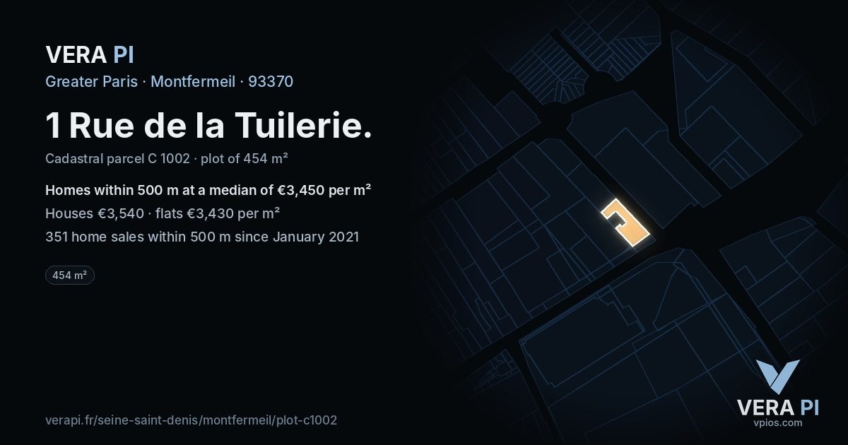 1 Rue de la Tuilerie, Montfermeil at night – the plot lit, the parcels around coloured by the prices near them