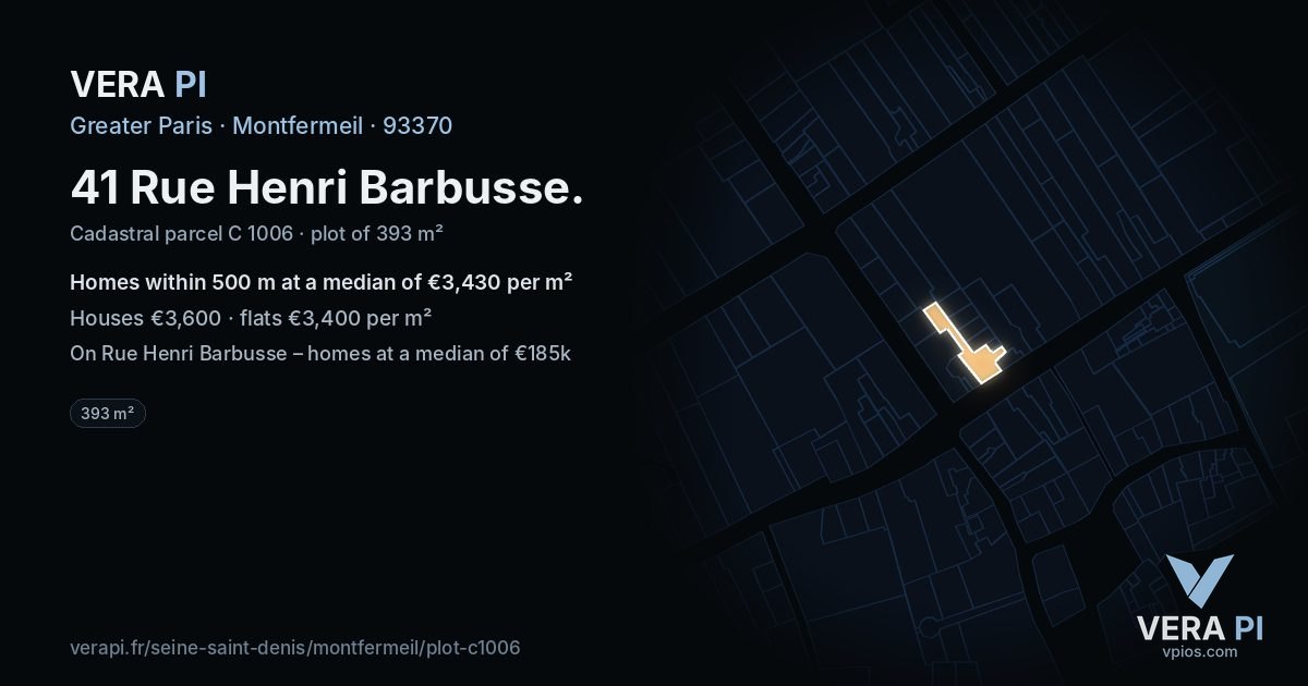 41 Rue Henri Barbusse, Montfermeil at night – the plot lit, the parcels around coloured by the prices near them