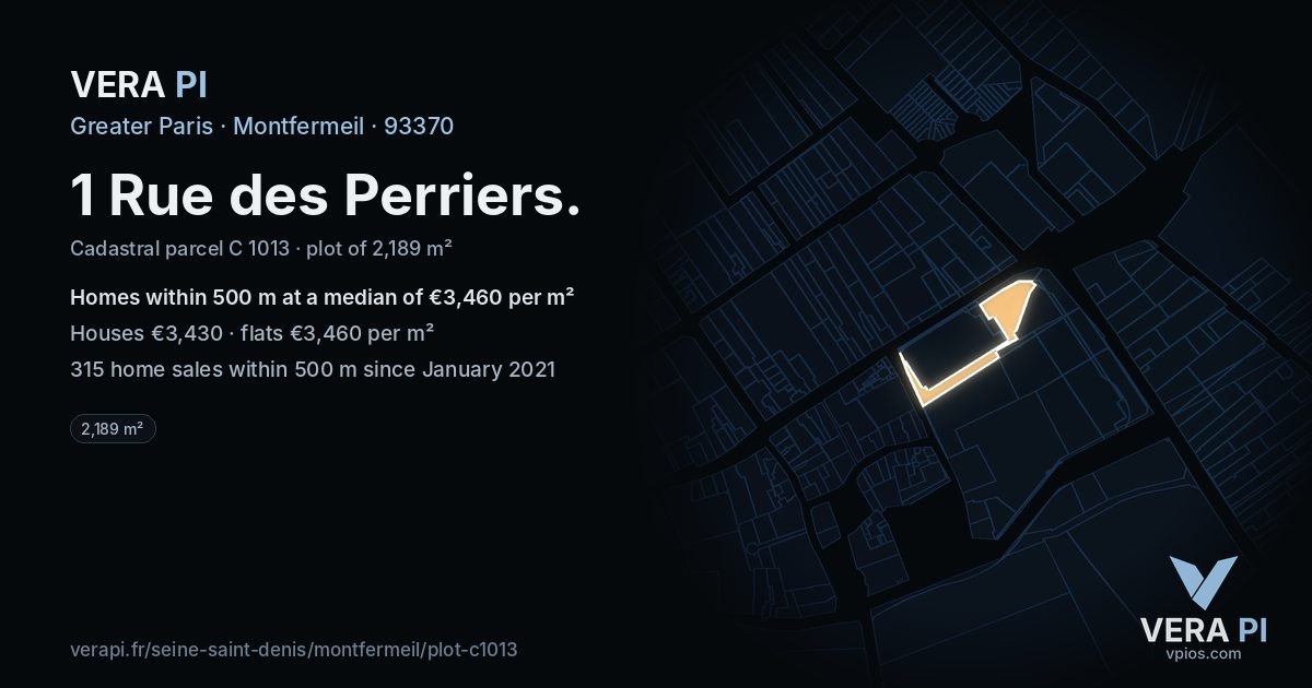 1 Rue des Perriers, Montfermeil at night – the plot lit, the parcels around coloured by the prices near them