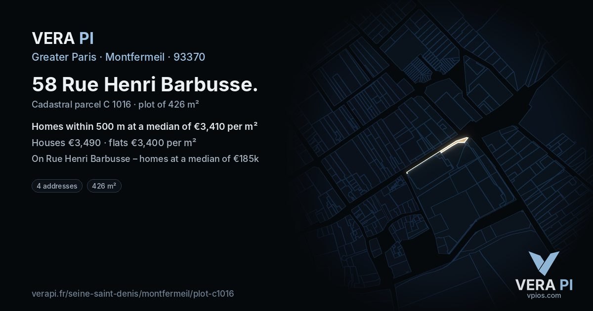 58 Rue Henri Barbusse, Montfermeil at night – the plot lit, the parcels around coloured by the prices near them