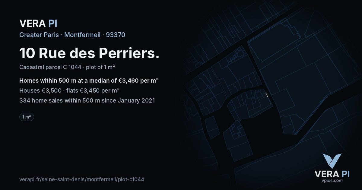 10 Rue des Perriers, Montfermeil at night – the plot lit, the parcels around coloured by the prices near them