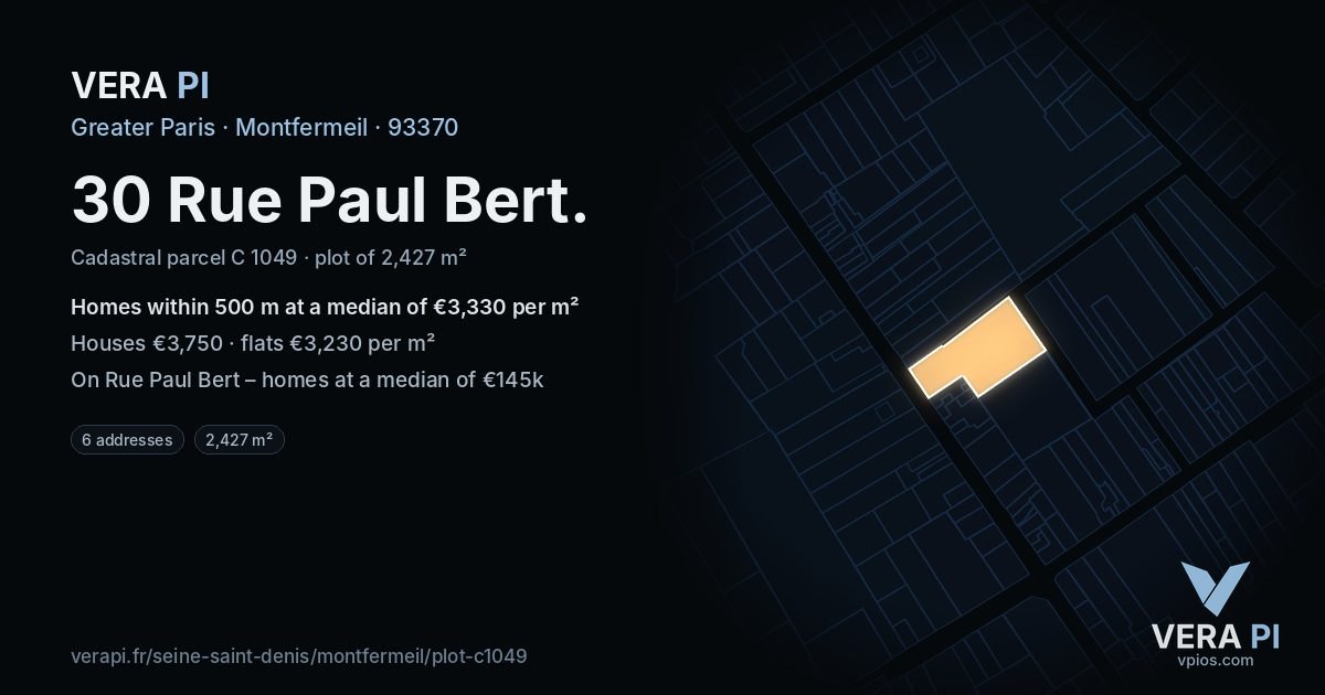 30 Rue Paul Bert, Montfermeil at night – the plot lit, the parcels around coloured by the prices near them